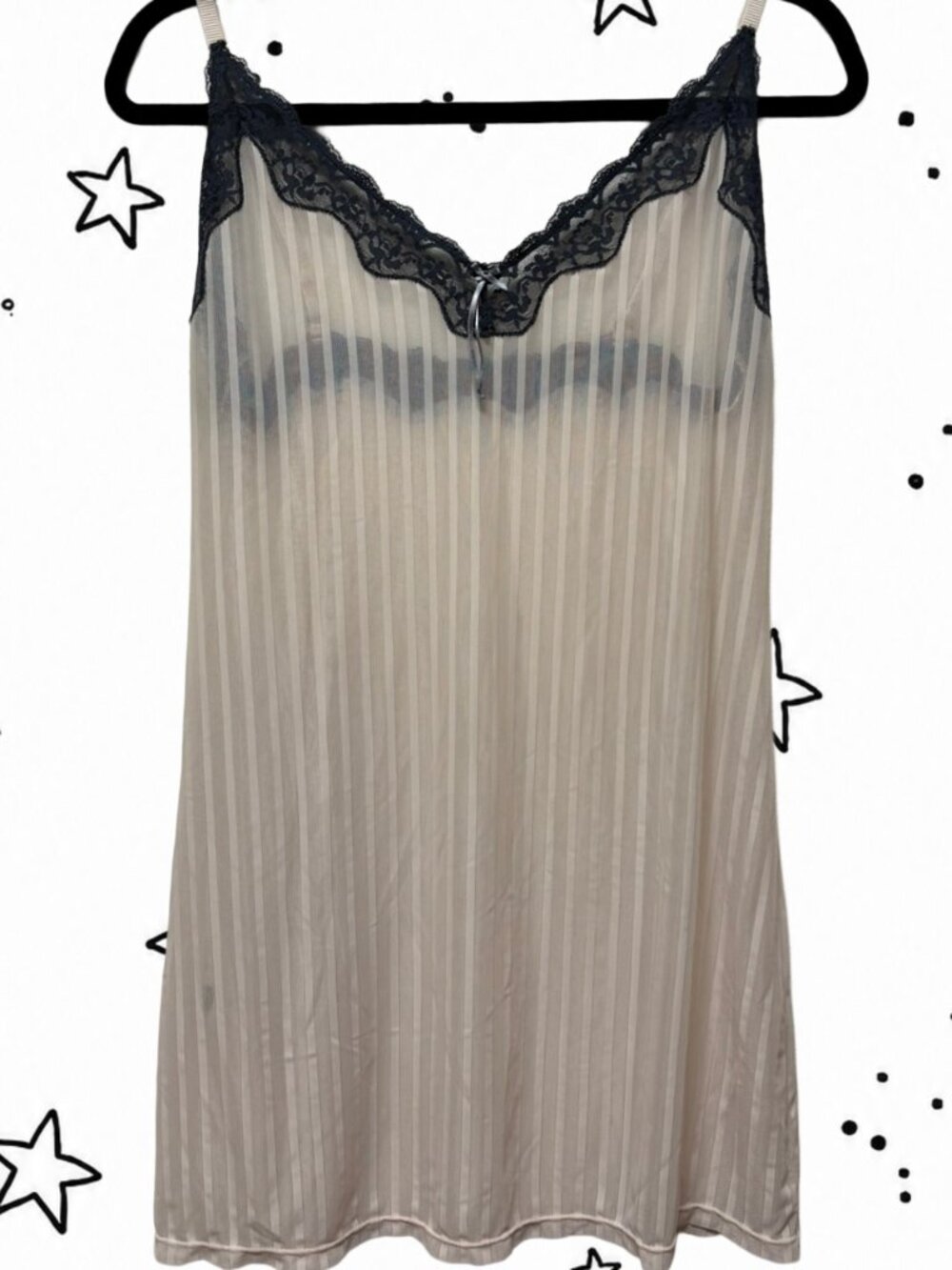 Heidi by Heidi Klum Sheer Mesh Stripe Chemise Slip Dress Black Lace Trim